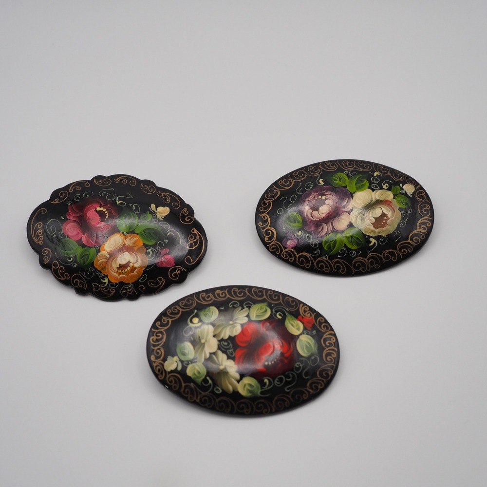 Vintage Brooch Black Hand Painted Russian Lacquer Scalloped Floral Pin Lot 3